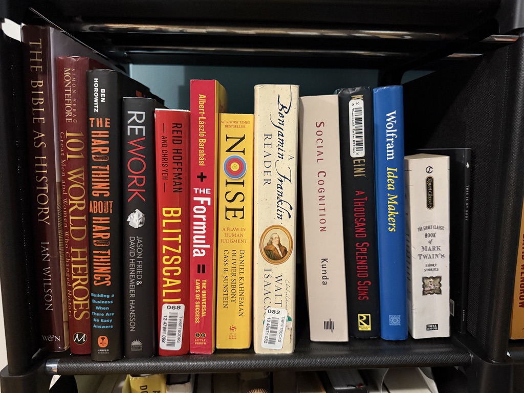 Bookshelf with business and history titles