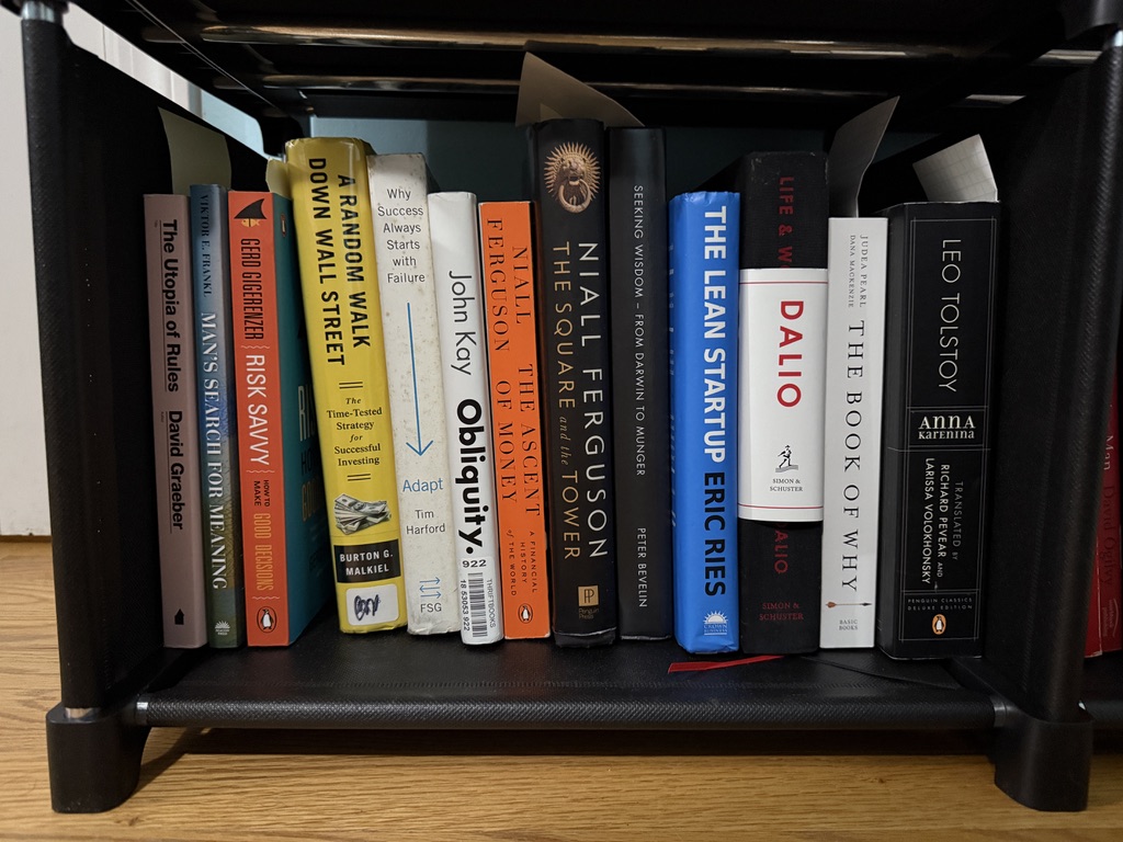 Bookshelf with philosophy and finance titles
